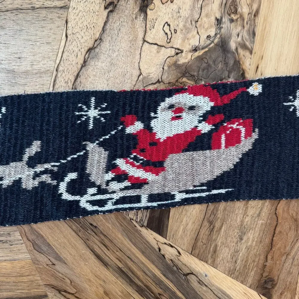Vtg Christmas Knit Scarf Santa Sleigh Rudolph Red Nosed Reindeer Snowflakes 68